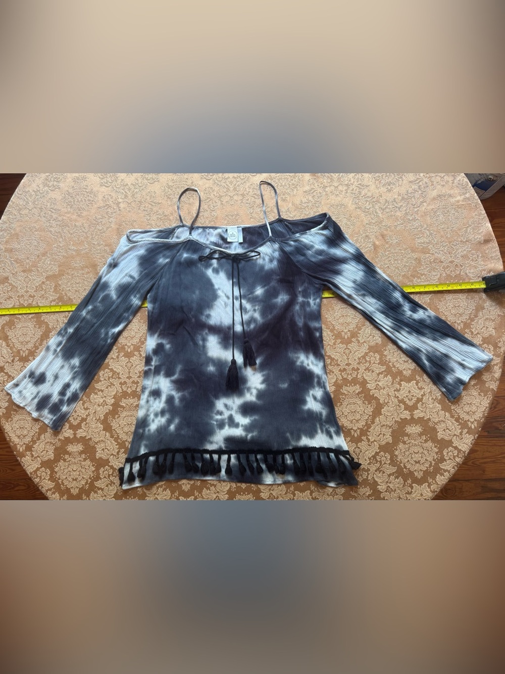 Paper Crane Tie-Dye Off-Shoulder Tassel Trim Top - Blue and white